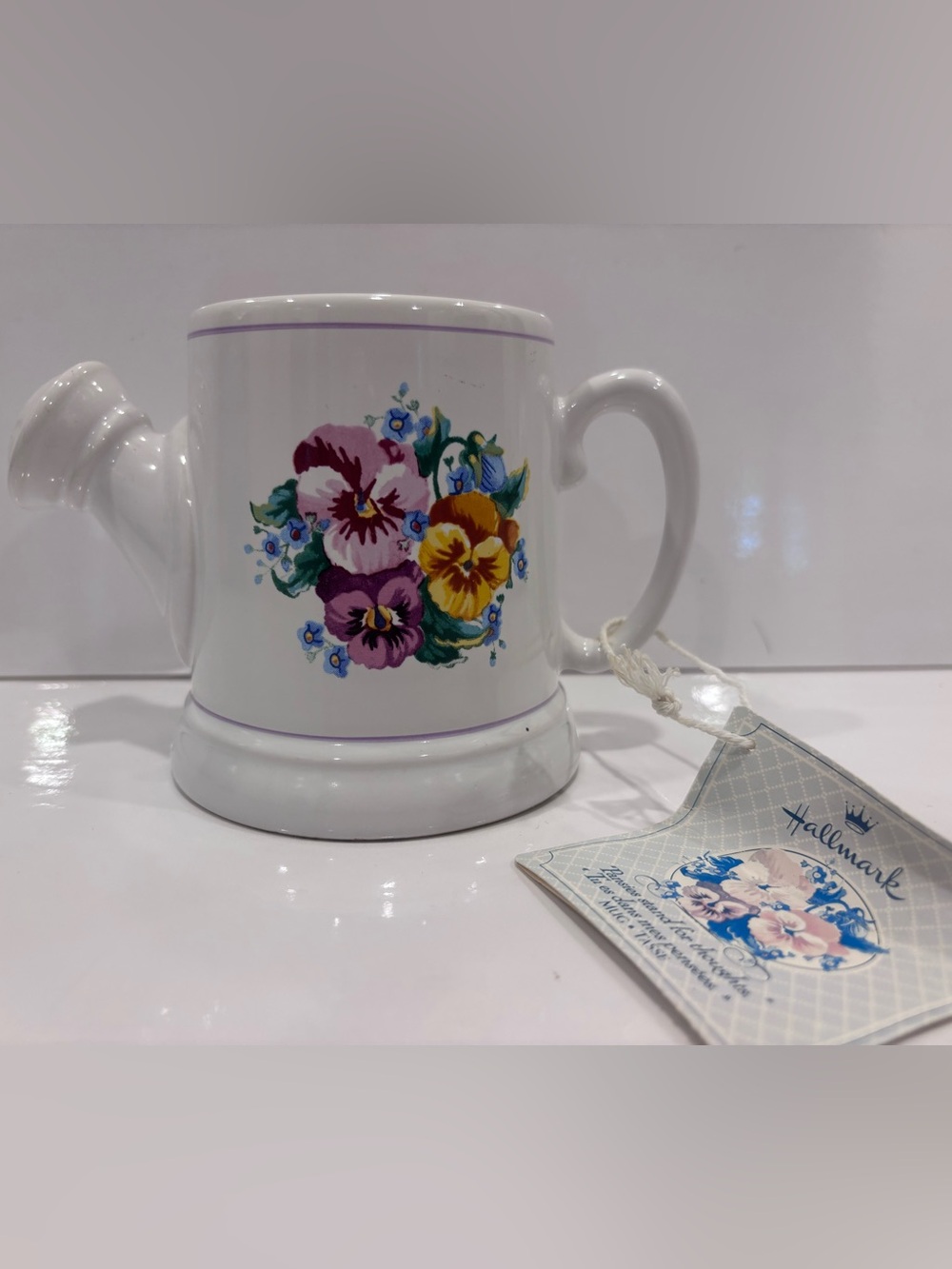 Vintage hallmark pansies stand for thoughts watering can mug with tag